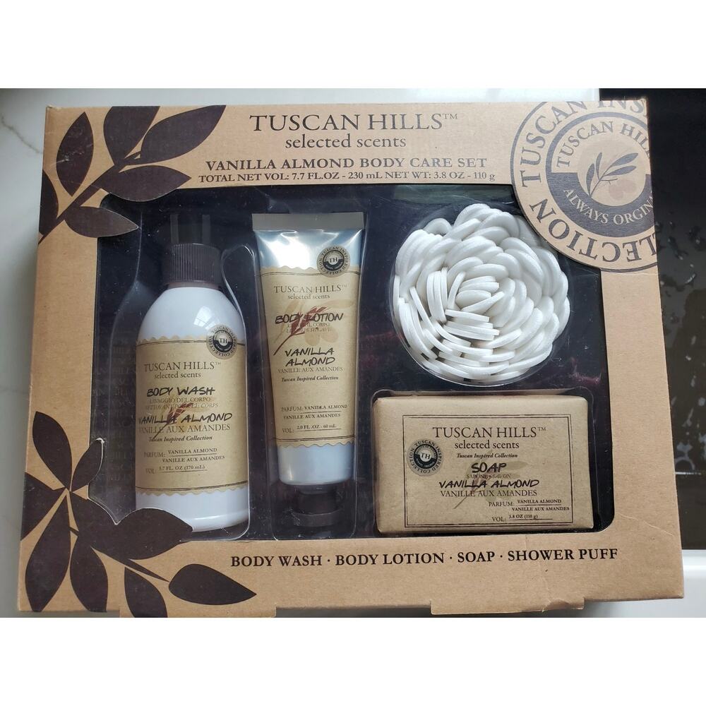 Tuscan Hills Selected Scents Vanilla Almond 4 Piece Body Care Collection NIB